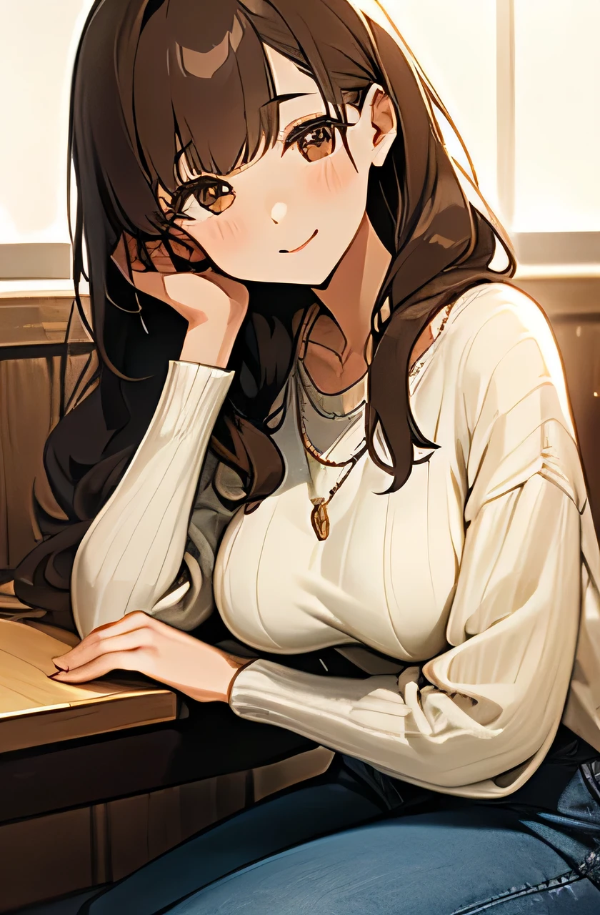 slender, mature Japanese female, 1girl, long Hair, brown hair, bangs, nose, brown_hair, large_breasts, solo, bangs, wing_collar, eyebrows_visible_through_hair, with detailed eyes and a relaxed smile, in a casual, chic outfit, with detailed eyes and a charming smile, seated at a cozy café. She’s wearing a stylish sweater and jeans, with ankle boots and a simple necklace, her hair styled in a soft wave. The image captures her in a warm, inviting café setting, with a focus on her relaxed posture and the ambient light highlighting her face