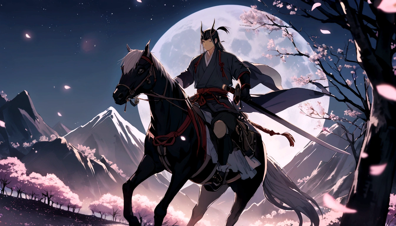 1 person, Samurai on horseback holding a sword, male,highest quality, cherry blossoms, Mountain々,Moonlit Night