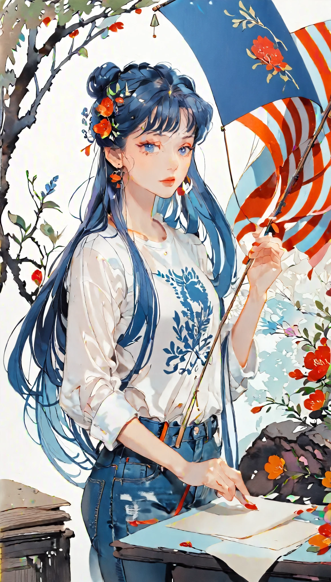 (((How to cut paper))), 1 girl, Blue Hair, Long Hair, portfolio, Shirts and denim, flag