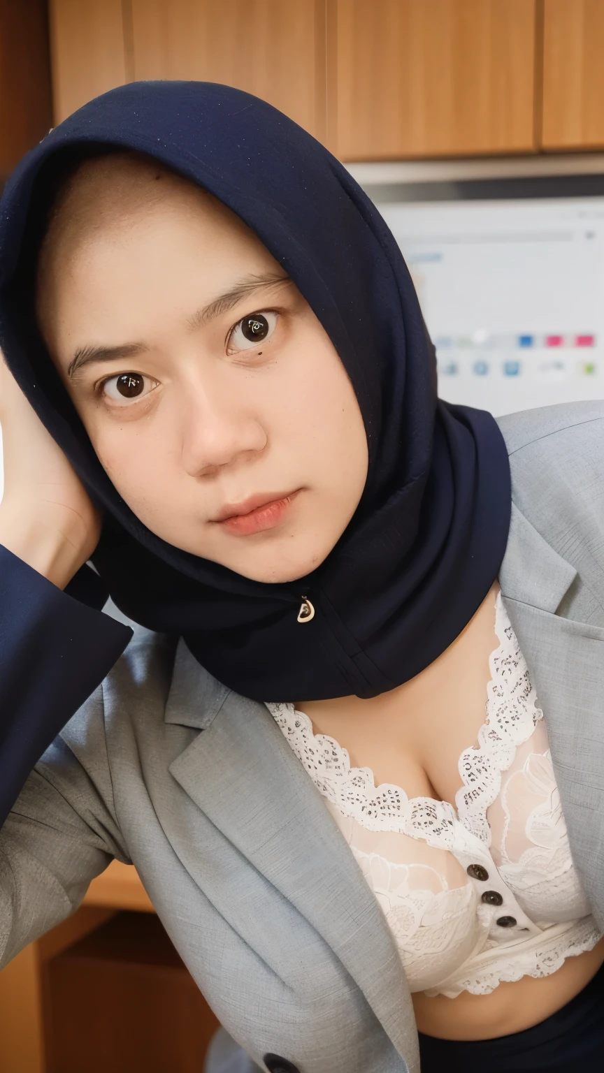 RAW photo,award winning photo,(masterpiece:1.3),(best quality,ultra detailed,intricate),professional photography,professional lighting,HDR,High Dynamic Range,(((photo realistic,ultra realistic,photorealistic,8k uhd))), young office girl , ,(WEARING SEXY PEPLUM BLAZER), unbuttoned office dress, ((LACE BRA FROM INSIDE BLAZER)), tight trousers , ((OPEN BREAST)), (modern plain hijab), medium portrait shot ,mid shot, upper body, big rounded breast, slim body , bracelet, office room background, bokeh background, ((OPEN BLAZER))