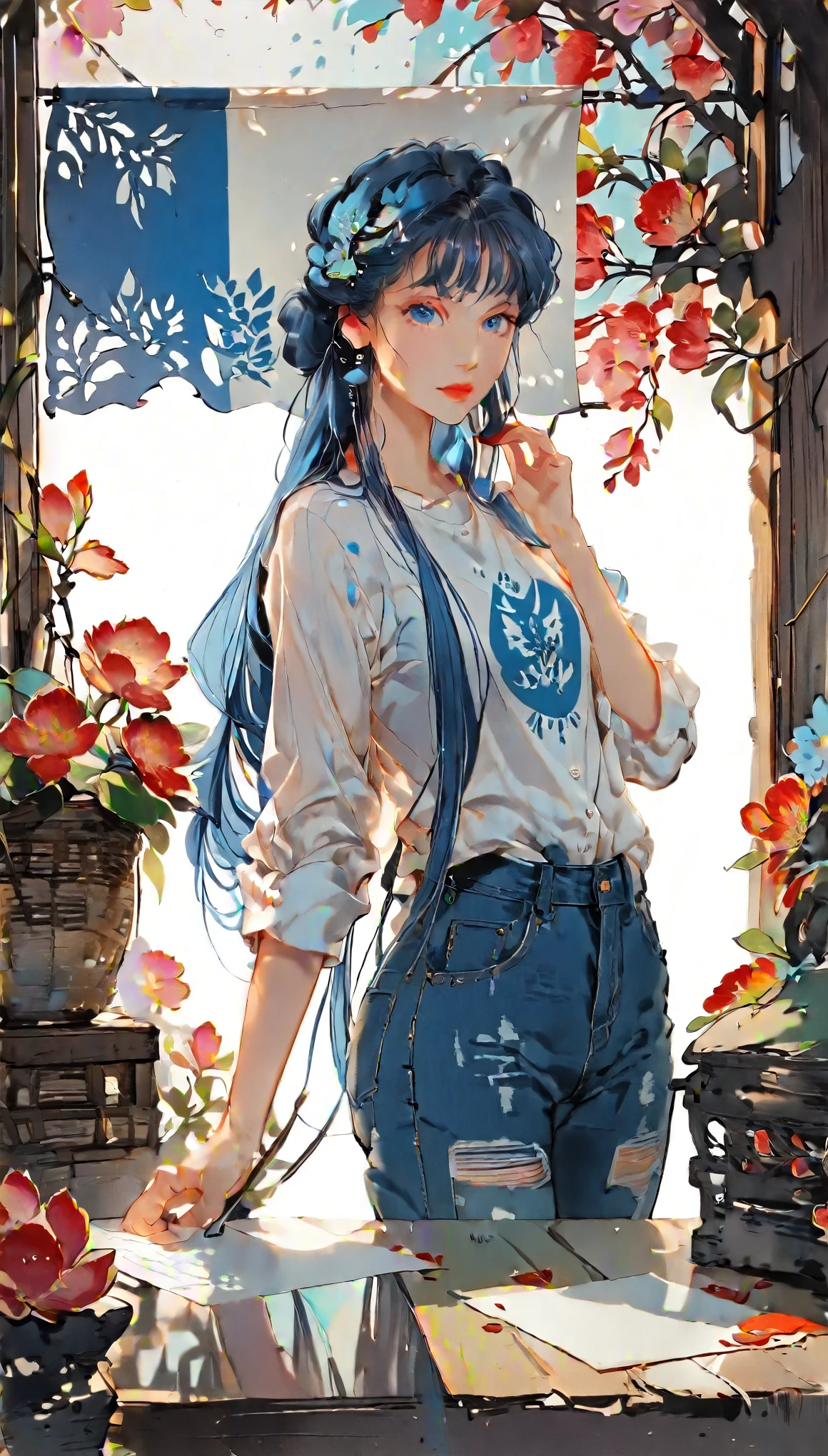 (((How to cut paper))), 1 girl, Blue Hair, Long Hair, portfolio, Shirts and denim, flag
