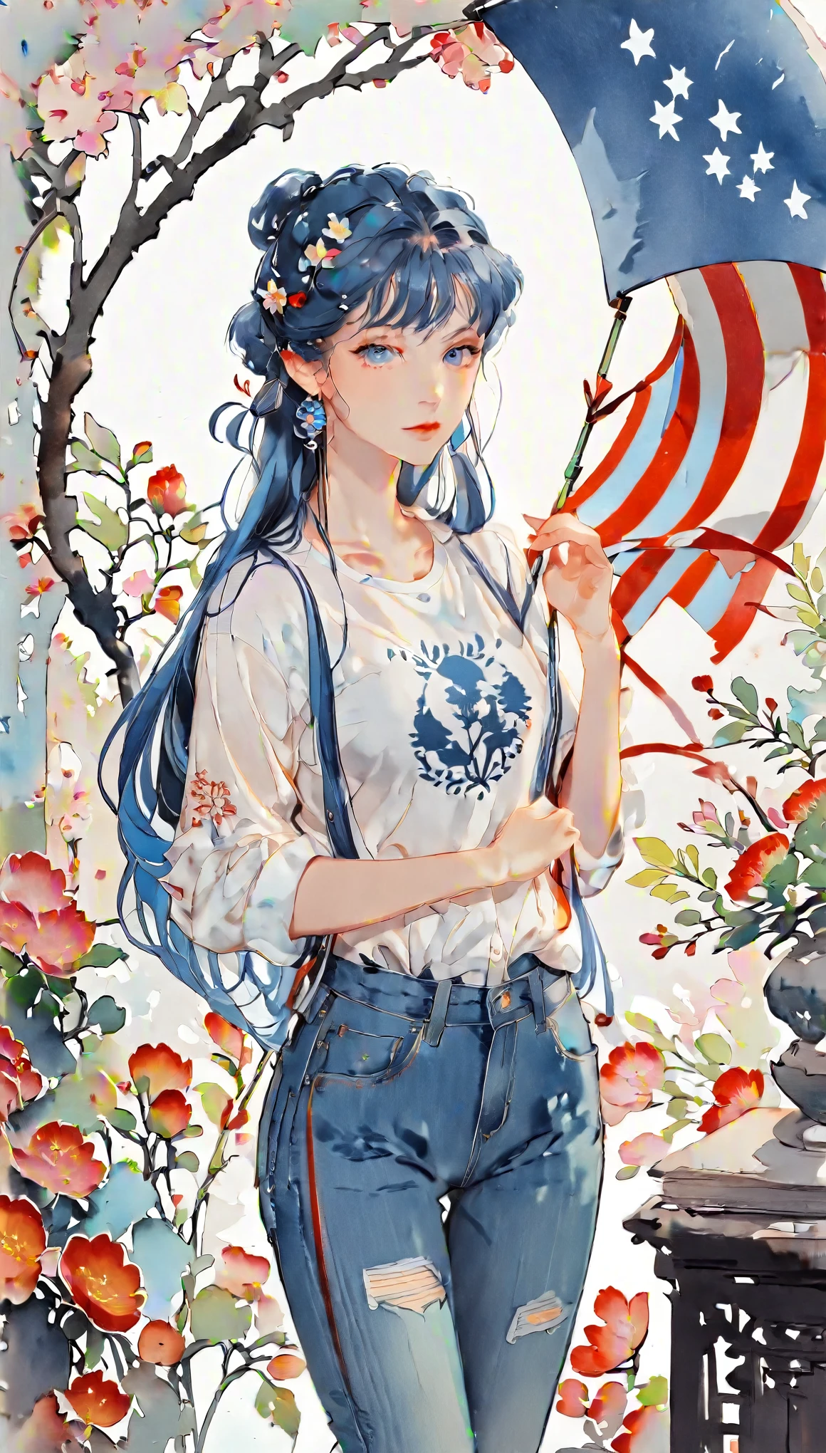 (((How to cut paper))), 1 girl, Blue Hair, Long Hair, portfolio, Shirts and denim, flag