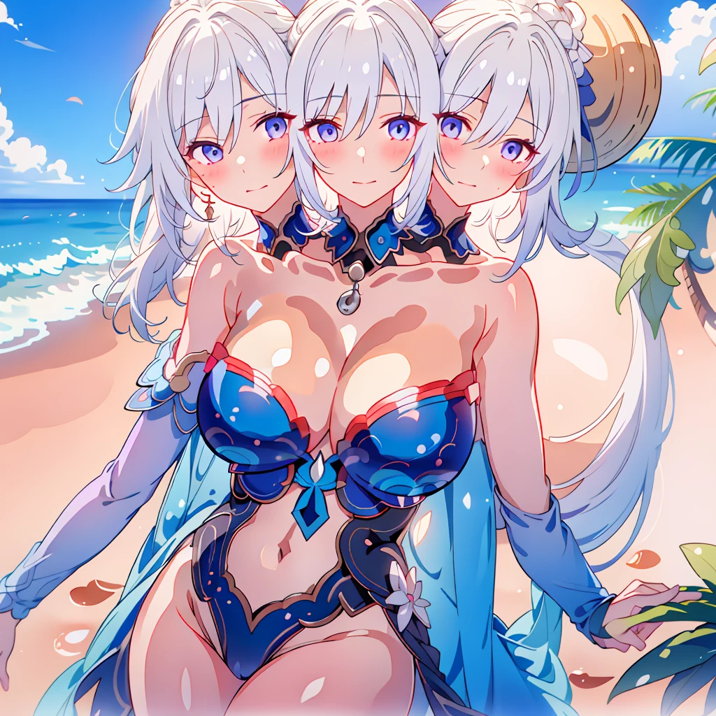 (masterpiece, best quality), best resolution, (3heads:1.5), 1girl, jingliu character, white hair, blue eyes, black bikini, blushing, smiling, different facial expressions, nervous, shy, beach at sunset, close-up, big tits,