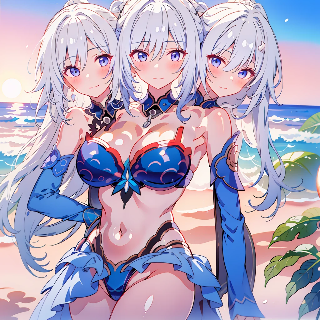 (masterpiece, best quality), best resolution, (3heads:1.5), 1girl, jingliu character, white hair, blue eyes, black bikini, blushing, smiling, different facial expressions, nervous, shy, beach at sunset, close-up, big tits,