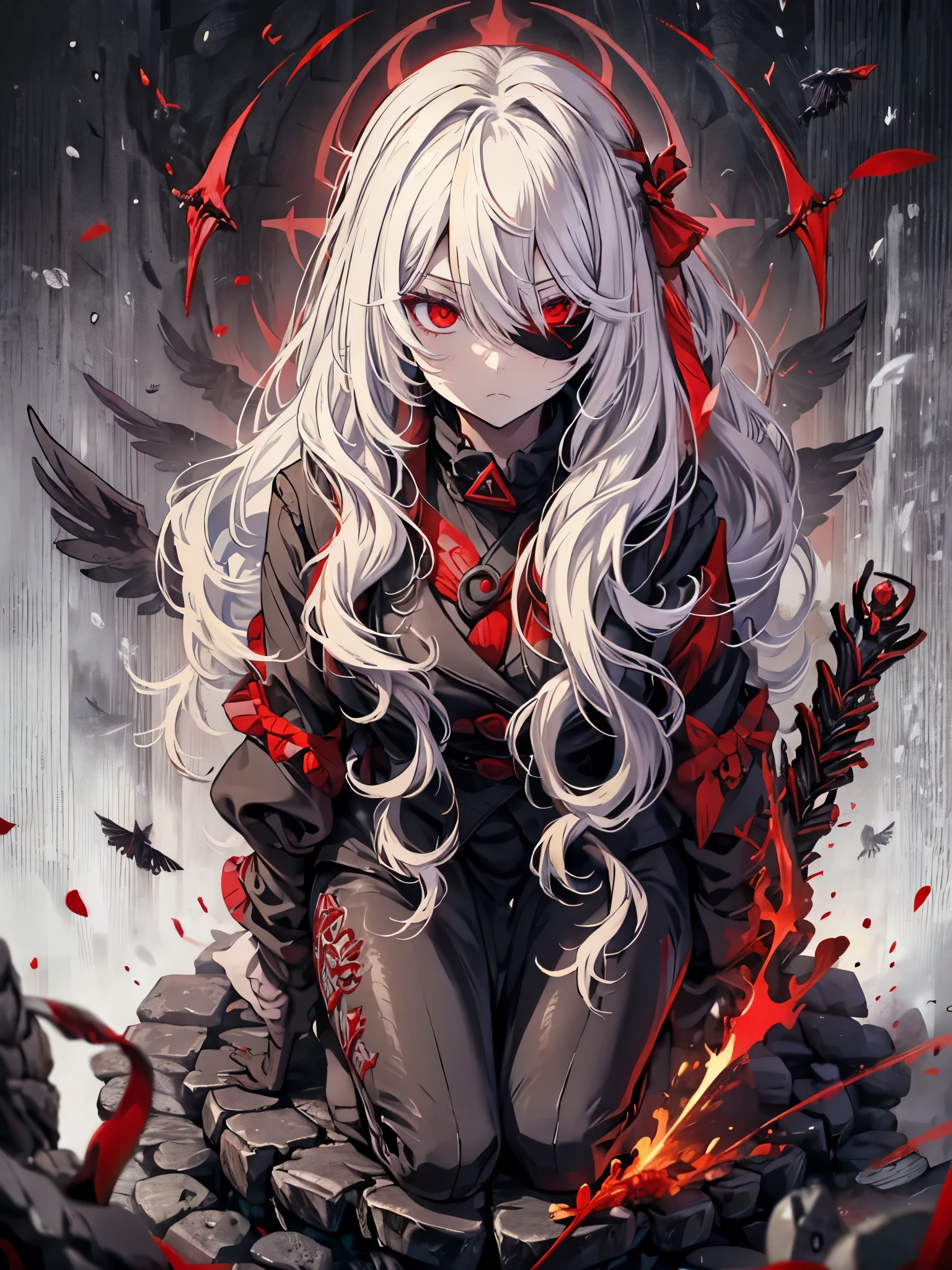 white hair　Red Eyes　Black clothes　Have sickle　boots　Eye mask　Kitchen disease　Cool　crow　sickle　dark　dark darkness　Big sickle　grim Reaper　evil　Ponytail　long coat　boss　Last boss　Red Moon　Blindfold