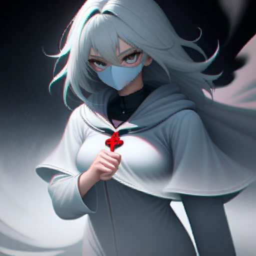 anime girl, priest suit, red long-silk mask, long white-cloak, hoodie mask, compassionate action, iconic gesture stance, epicRealism, 8k, UHD super detailed, perfect face, perfect fist, perfect feet, ethereal, thick smoke and fog,adamxl acg