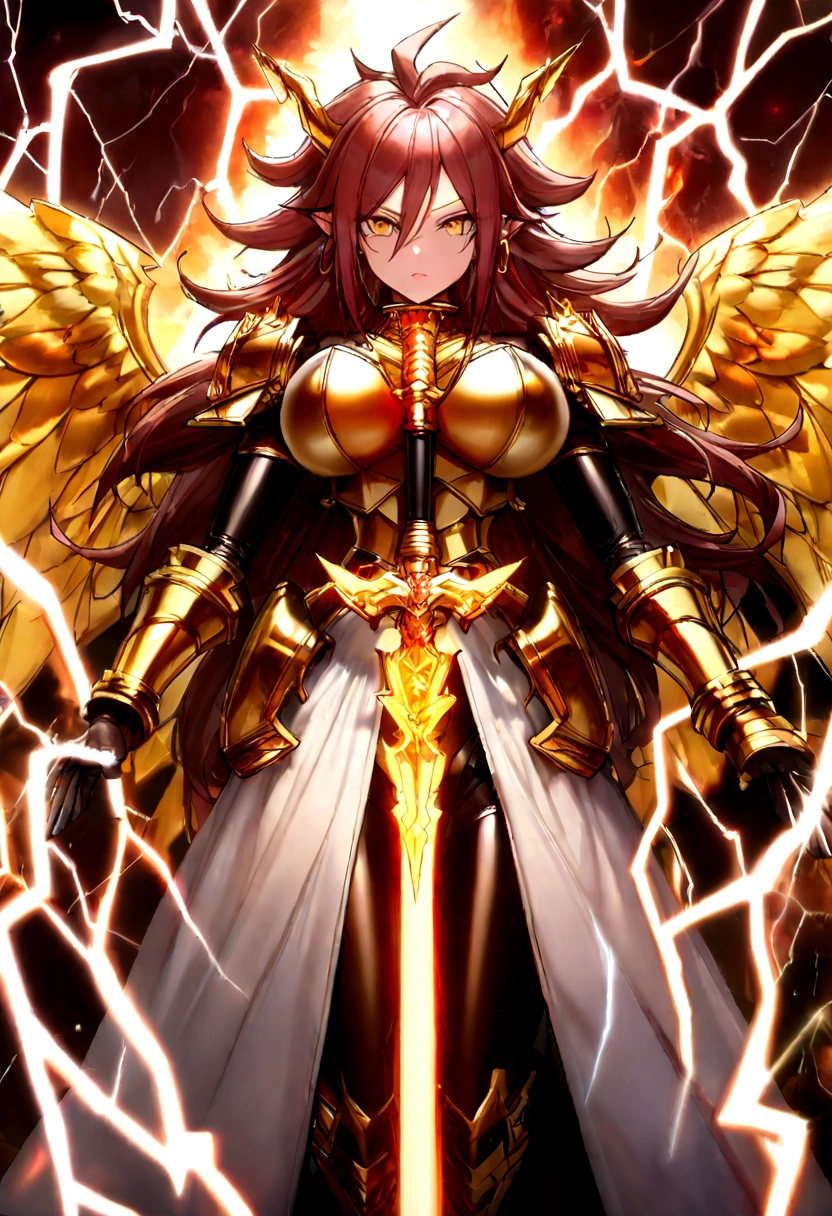 ((Lightning Power)), ((Electricity)), ((Fire Background)), ((Lightning Storm)), ((Power Erupting)),(((android 21))), (((white Coat))), (((Busty))), (((((Big breast:1,3)))), luxury bustier corset, ((silver hair)), (((Very slim waist))), propotional body, ((Gorgeous)), (((gold wings))), masterpiece, hyperdetail, ambient effect, digital effect, (((FIRE SWORD)), (((Lightning Sword))), (((Fire Gold Armor))), (((Lightning Gold Wings))), ((Fire Demon Horns))