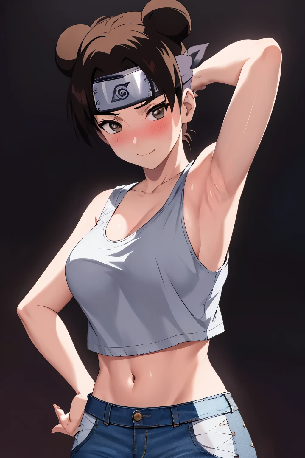 masterpiece, absurdres , (intricate details), (colorful),cinematic lighting,bust shot,extremely detailed CG unity 8k wallpaper,tenten\(shippuden\), 1girl, solo, ((tank top, denim shorts)), (large breasts), hand on hip, forehead protector, konohagakure symbol, headband, looking at viewer, (village street), charming smile, ((slim waist)), ((blushing)), armpit, full body