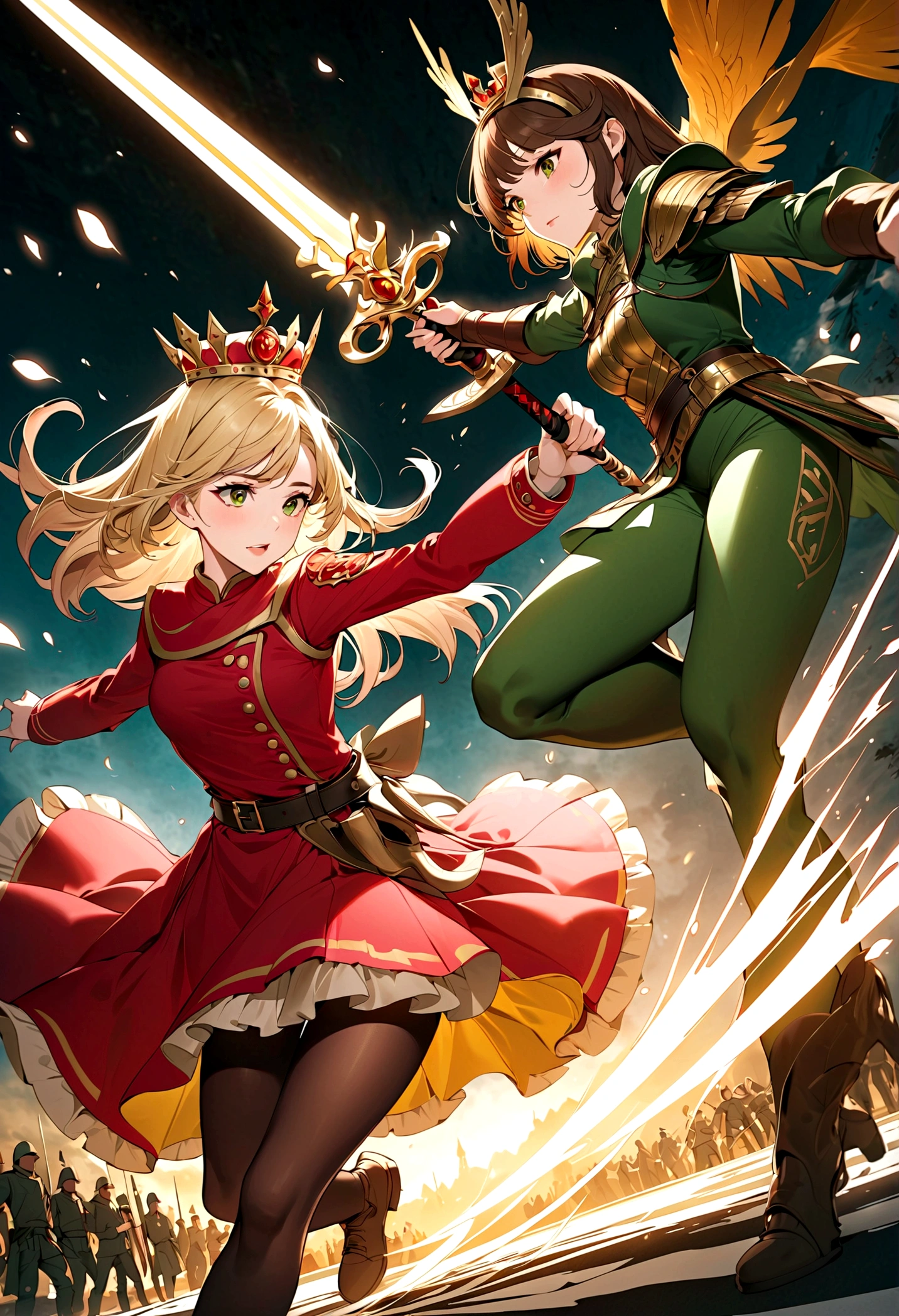 masterpiece,8K,Extremely detailed,best quality,battlefield,(background:Soldiers are fighting,Red Warrior,Green Warrior,jump,hacker,reduce),(Middle ground:The queens are fighting,Blonde Queen,Amber Heard,Brunette Queen,Park Bo Young,Fighting Stance),Dim lighting,Exquisite golden armor,Beautiful golden crown,A finely carved silver sword,Exquisite Eagle Helmet.