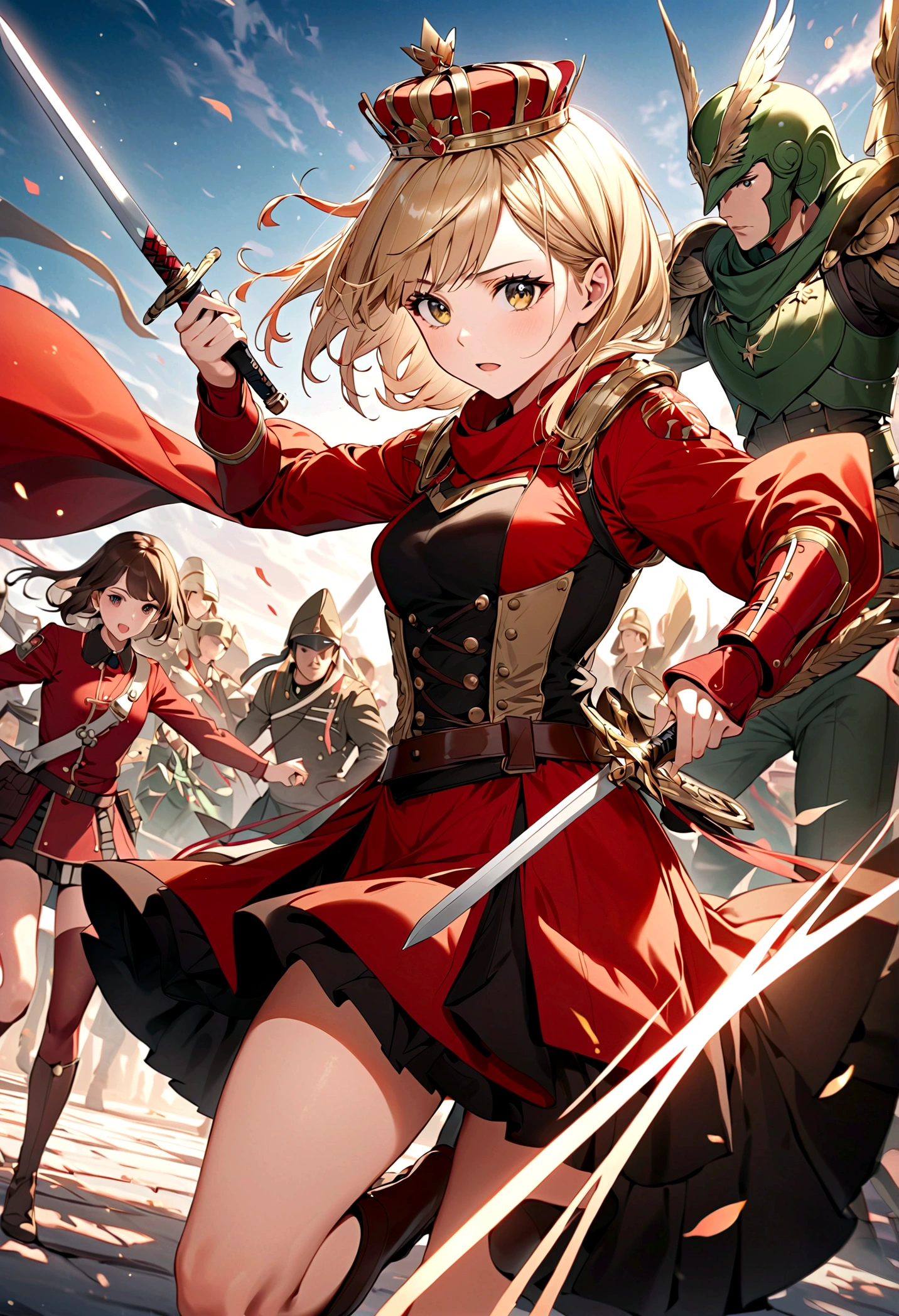 masterpiece,8K,Extremely detailed,best quality,battlefield,(background:Soldiers are fighting,Red Warrior,Green Warrior,jump,hacker,reduce),(Middle ground:The queens are fighting,Blonde Queen,Amber Heard,Brunette Queen,Park Bo Young,Fighting Stance),Dim lighting,Exquisite golden armor,Beautiful golden crown,A finely carved silver sword,Exquisite Eagle Helmet.