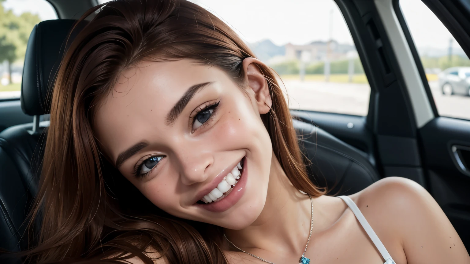 chica hermosa, (flequillo de pelo), vista lateral, medio cuerpo, imagen brillante, Linda chica italiana, (pelo rojo), in front of the camera, muy detallado, epic, (pelo ondulado), gorgeous, movie, Ultra high resolution, fondo de pantalla, 8K,Detalles de textura rica, hiper detallado, ojos detallados, ojos cafe, antecedentes detallados, dramatic angle, epic composition, foto premiada, (collar de corazon), pelo largo, pecas, (23 year old girl), (mad:1.7), labios rojos, (sonrisa afectada:1.7) en un coche