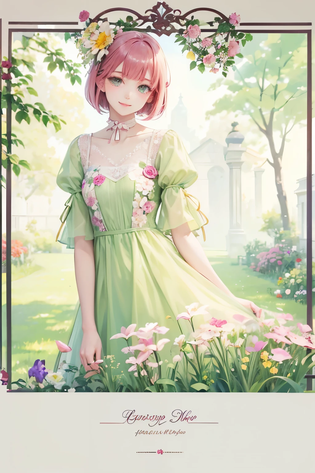 ((highest quality)), ((masterpiece)), (detailed), Perfect Face, , young, girl, pale crimson hair, Bob Hair, Green Eyes, Iris Dress, Flowers, pink Flowers, Happy, sunny, Green Grass, Grass, White lace choker, romantic, A kind smile, View your viewers, Portraiture, flat, ribbon、chest、skin、garden、bouquet