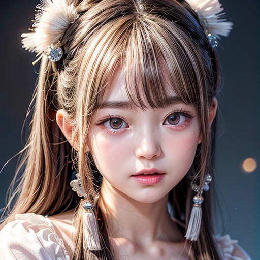 NSFW, 8k, High-level, absurd, masterpiece, best quality, primitive, very detailed CG, very detailed wallpaper, perfect lighting, Extremely detailed (((The personifying "  Yang Guifei  " as a  Girl))), MysticSight, Tyndall effect, Tyndall scattering, Studio gray background with (many Dazzling RainbowColor particles BokeH:1.28), (RoundlyButts, ThighGap), (Exposed:0.4), (Assfocus with looking ahead), BREAK (NOGIZAKA face variations) Extremely Detailed very KAWAII face variations, perfect anatomy, Childish, captivating gaze, elaborate detailed Eyes with (sparkling highlights:1.28), long eyelashes、Glossy RED Lips with beautiful details, Coquettish tongue, Rosy cheeks, Radiant PearlSkin with clear transparency . { (Dynamic LifeLike expressions:1.4) | :d) }, (large eyes:-1) .