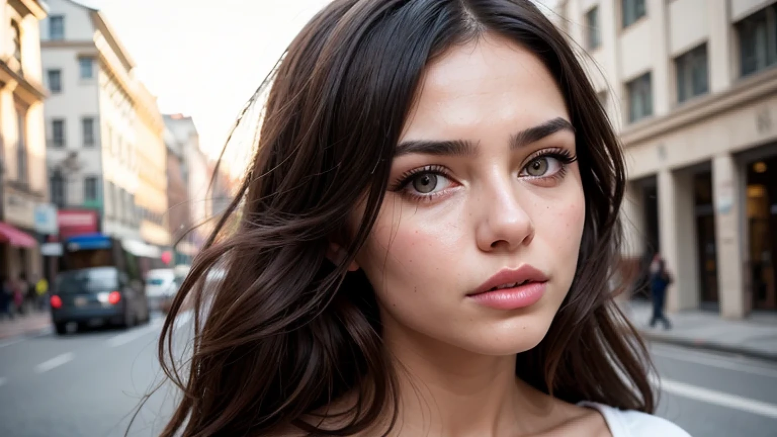 portrait, headshot photo, nice beautiful ukrainian crying young lady, [location] ​​in the background, square face shape, full cheeks, natural gradient cut hairstyle, brunette hair color, upper lip with a sharp cupid’s bow, daytime makeup, thin eyebrows, eco-friendly fashion style, realistic skin, ultradetailed, detailed composition, symmetrical, photorealistic accuracy, ultra detailed