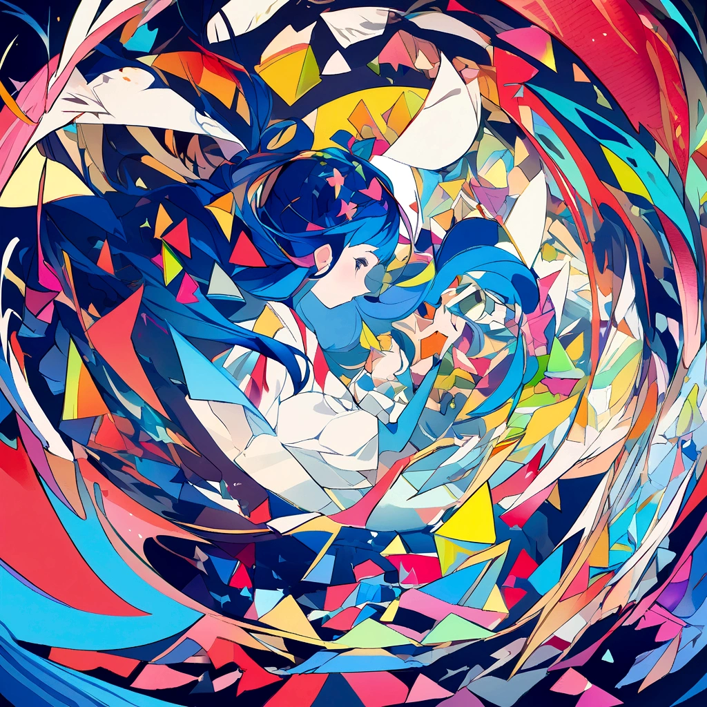 (((paper cutting style))), 1 girl, blue hair, long hair, portfolio, flag
Masterpiece、(Mandelbrot Shapes);1.9、(Three-dimensional paper cutting art, colorful):1.9