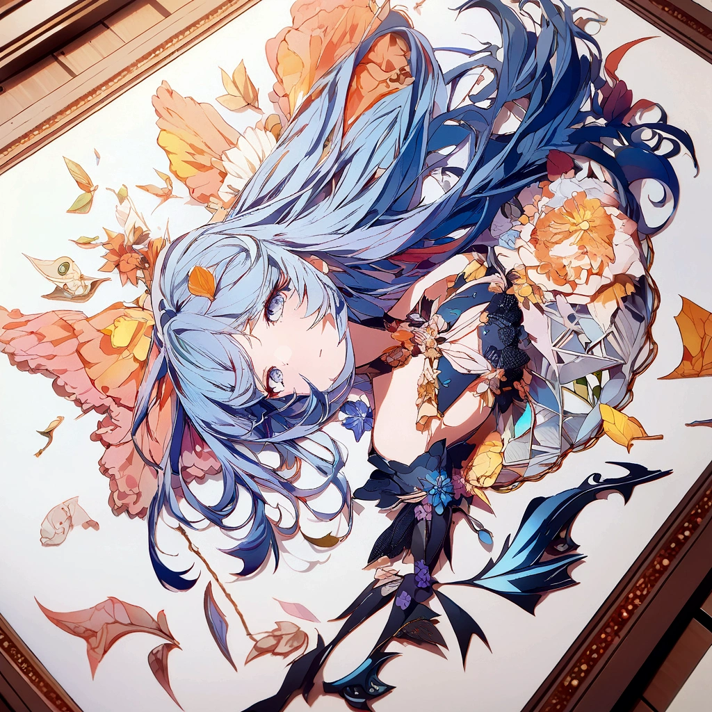 (((paper cutting style))), 1 girl, blue hair, long hair, portfolio, flag
Masterpiece、(Mandelbrot Shapes);1.9、(Three-dimensional paper cutting art, colorful):1.9