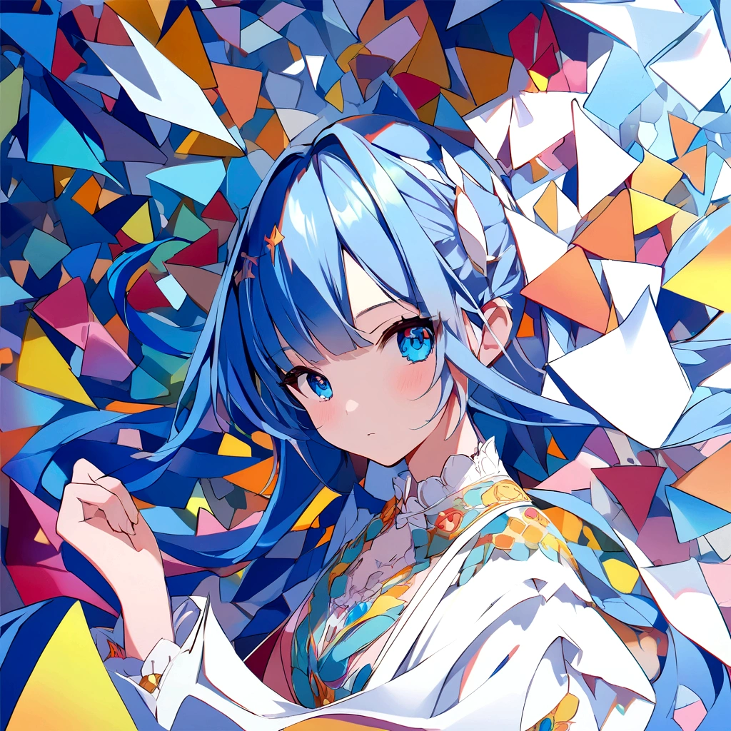 (((paper cutting style))), 1 girl, blue hair, long hair, portfolio, flag
Masterpiece、(Mandelbrot Shapes);1.9、(Three-dimensional paper cutting art, colorful):1.9