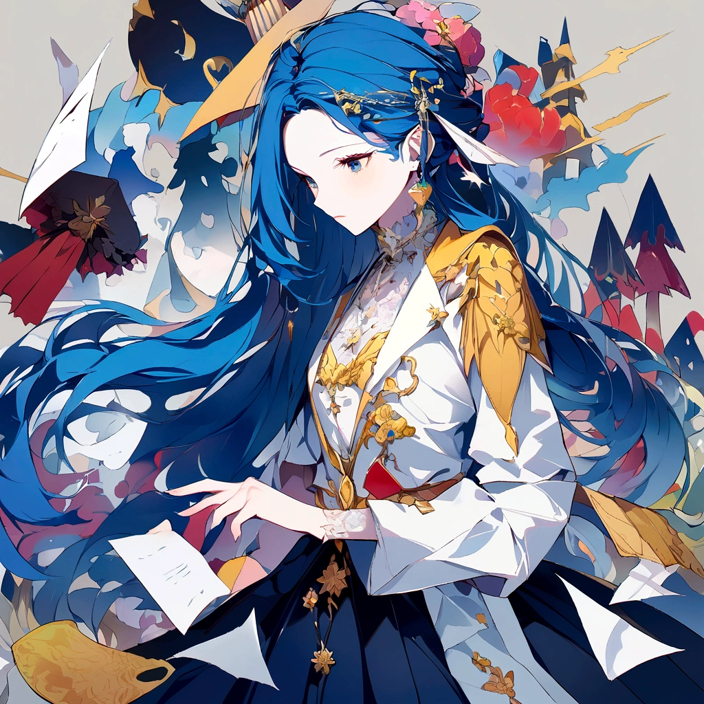 (((paper cutting style))), 1 girl, blue hair, long hair, portfolio, flag
Masterpiece、(Mandelbrot Shapes);1.9、(Three-dimensional paper cutting art, colorful):1.9
