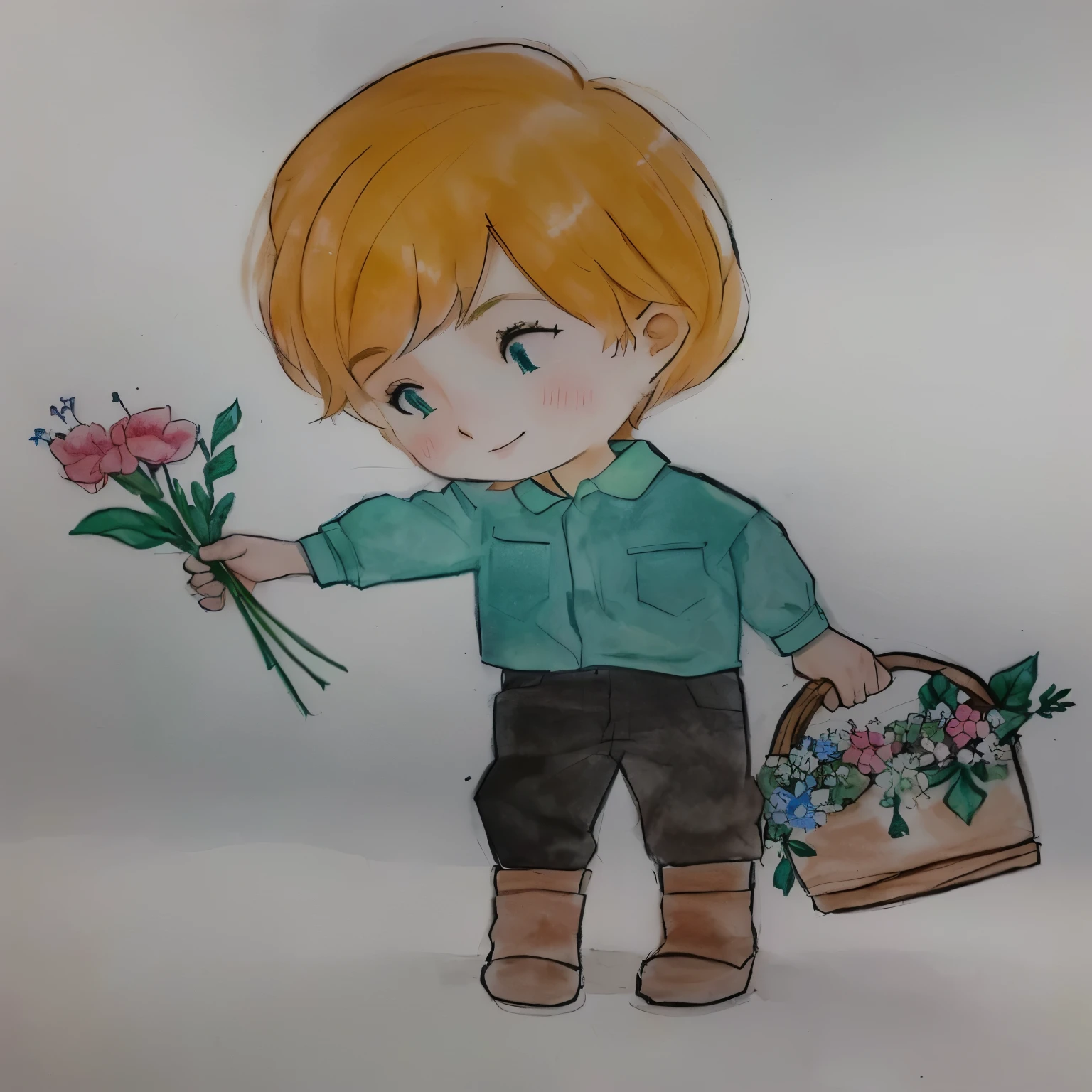 desenho de um menino segurando uma cesta de flores e um vaso de flores, por Ilka Gedő, por Károly Lotz, powder Nándor Katona, segurando flores, com flores, arte tradicional, carregando flores, by Grytė Pintukaitė, por agosto Chernihiv, desenho colorido, desenho colorido