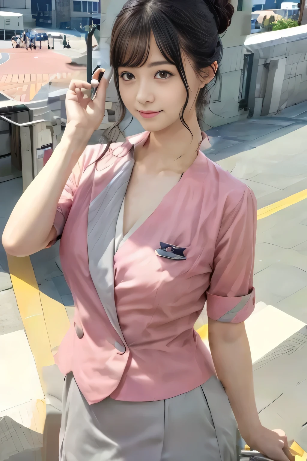 (masterpiece:1.2, highest quality:1.2), 32K HDR, High resolution, (alone、1 girl)、 (Height: 160cm)、（On the rooftop of a building in the daytime、Professional Lighting）、Building rooftop background、（Nankai train crew uniform pinkを着たリアルスタイル）、（Nankai train crew uniform pink short sleeve collarless pink jacket、Nankai Train Crew Uniform Pink Collarless Short Sleeve Blouse、Nankai Train Crew Uniform Pink Grey Knee-length Culottes）、Dark brown hair、（Hair tied up、Hair tied up、Evening curly hairstyle）、Dark brown hair、Long Shot、Big Breasts、Thin legs、（（Great hands：2.0）），（（Harmonious body proportions：1.5）），（（Normal limbs：2.0）），（（Normal finger：2.0）），（（Delicate eyes：2.0）），（（Normal eyes：2.0））)、smile、（Nankai Train Crew Uniform Pink Grey Knee-length Culottesを見せた美しい歩く姿）、Place your hands around your stomach、Lanyard employee ID card