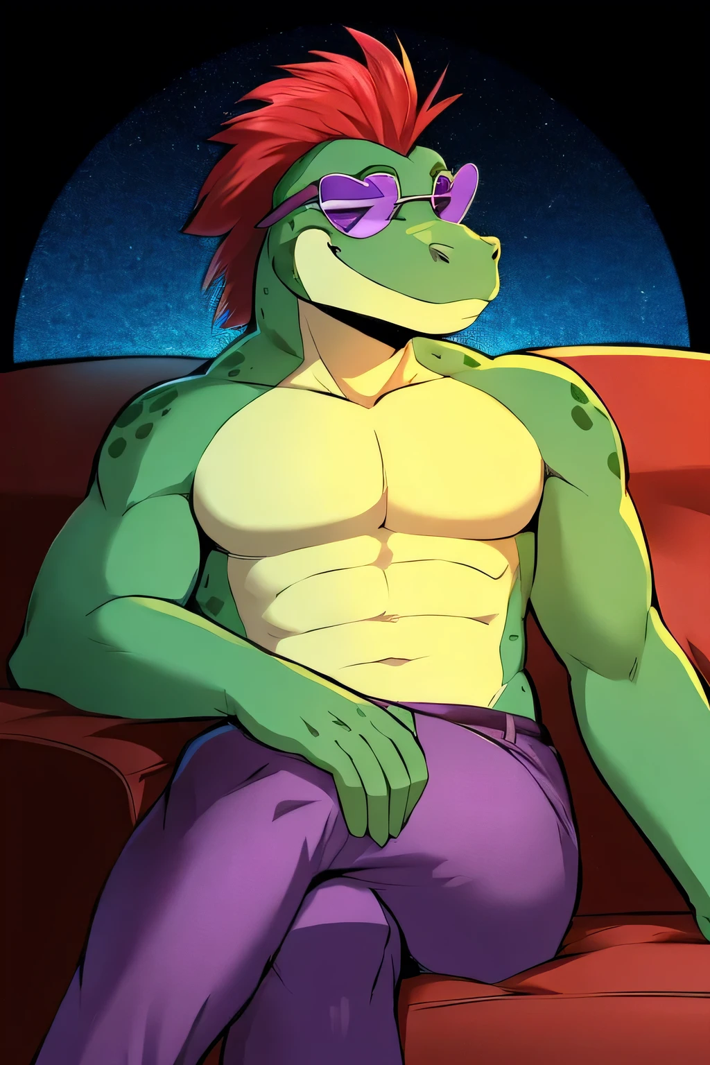 adult male, montgomery gator, solo, sitting in an couch with crossed legs, smirk, smug, purple pants, topless, star sunglasses, red hair,