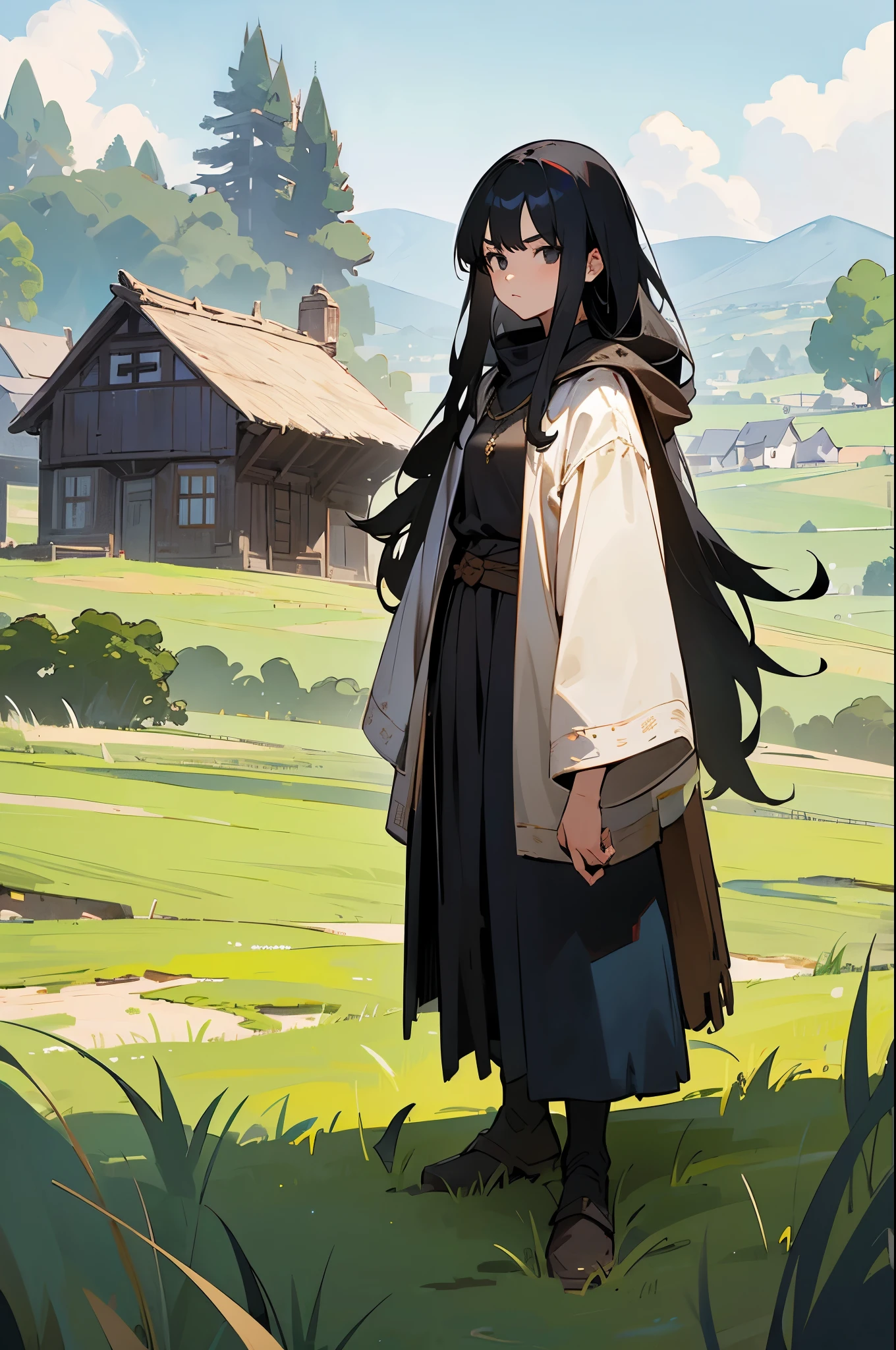 1girl, black hair, black eyes, long hair, adventurer, full body, standing, upright, medieval setting, small village, wooden buildings, grass, dirt, good proportions, detailed face, looking towards the viewer, serious expression