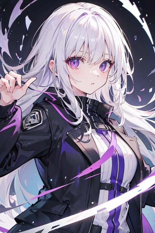 Young woman,white hair,Purple Eye,Wear a black jacket
