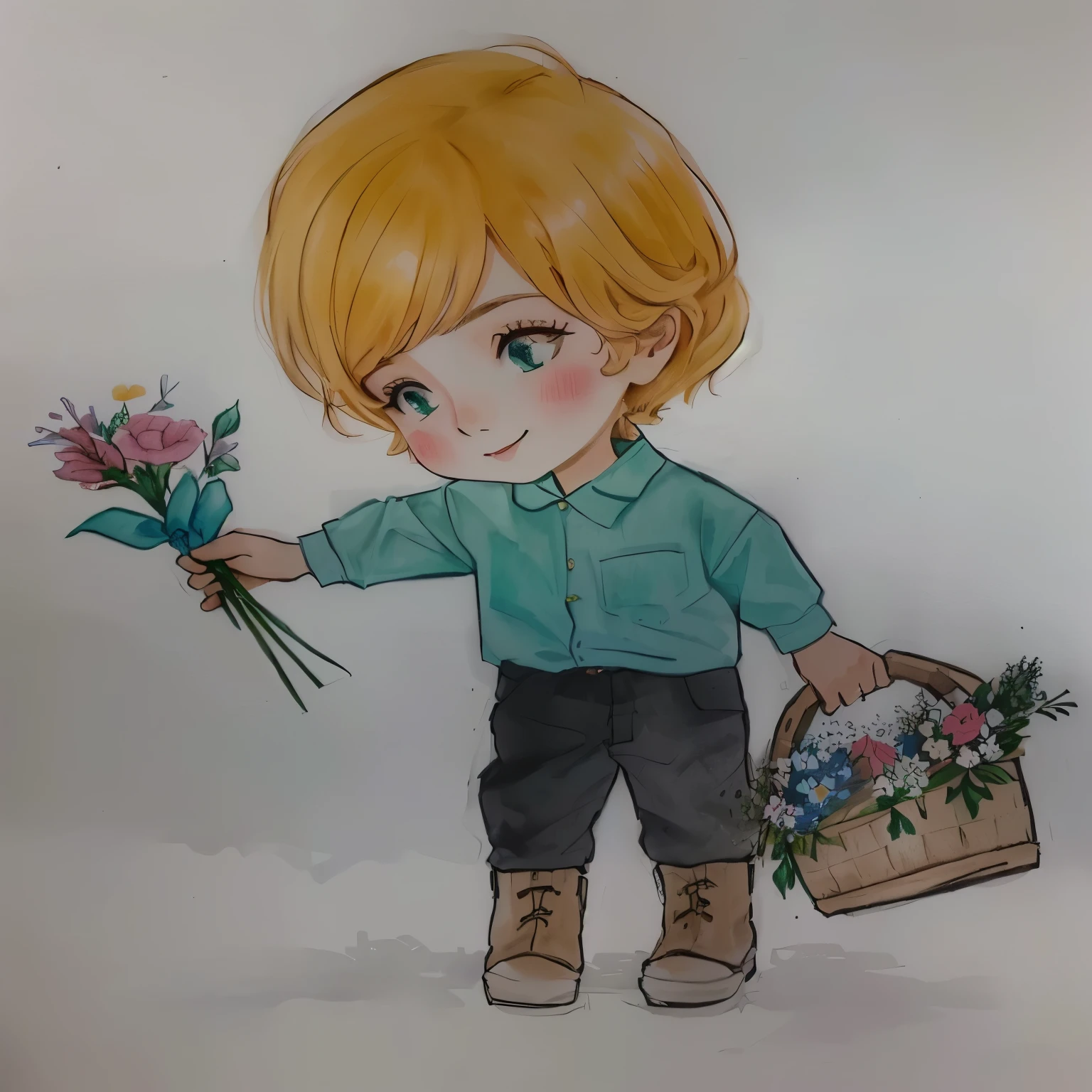 desenho de um menino segurando uma cesta de flores e um vaso de flores, por Ilka Gedő, por Károly Lotz, powder Nándor Katona, segurando flores, com flores, arte tradicional, carregando flores, by Grytė Pintukaitė, por agosto Chernihiv, desenho colorido, desenho colorido