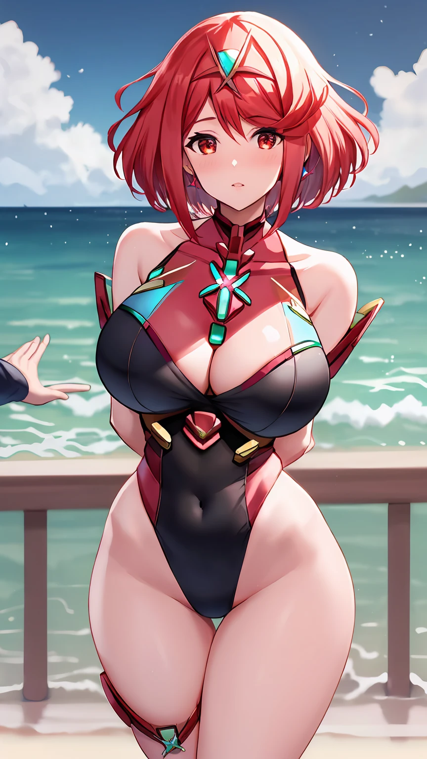 masterpiece, high quality, high-resolution image looking at viewer. long legs, arms behind back, pyra, red hair, sexy, swimsuit, xenoblade, large breasts, (((breasts Focus)))