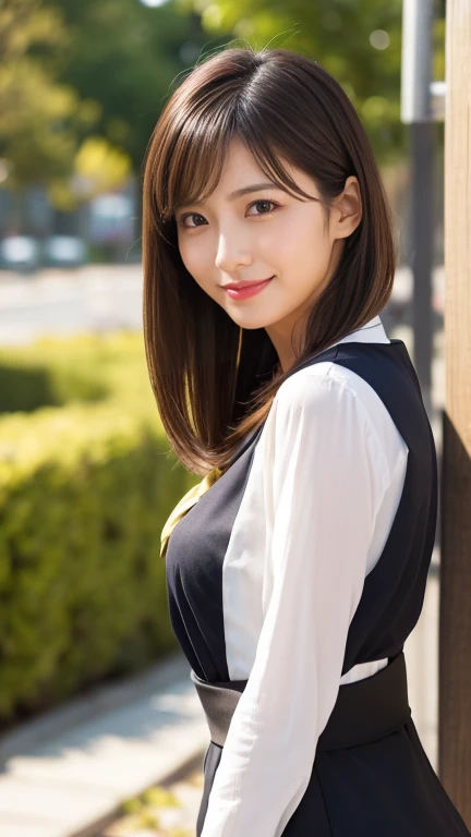 highest quality、8k wallpaper、Reality:1.4、Cinema Lighting、View your viewers、background:urban office district（Outdoor）、1 beautiful girl、Japanese Idol、30 years old、Beautifully detailed eyes、Detailed face、Beautiful Skin、Slender、Slim waist、Thin legs、Red lipstick、Fancy hairstyle:1.5、The sunlight hits her hair and it shines golden、Profession：secretary、smile:1.2