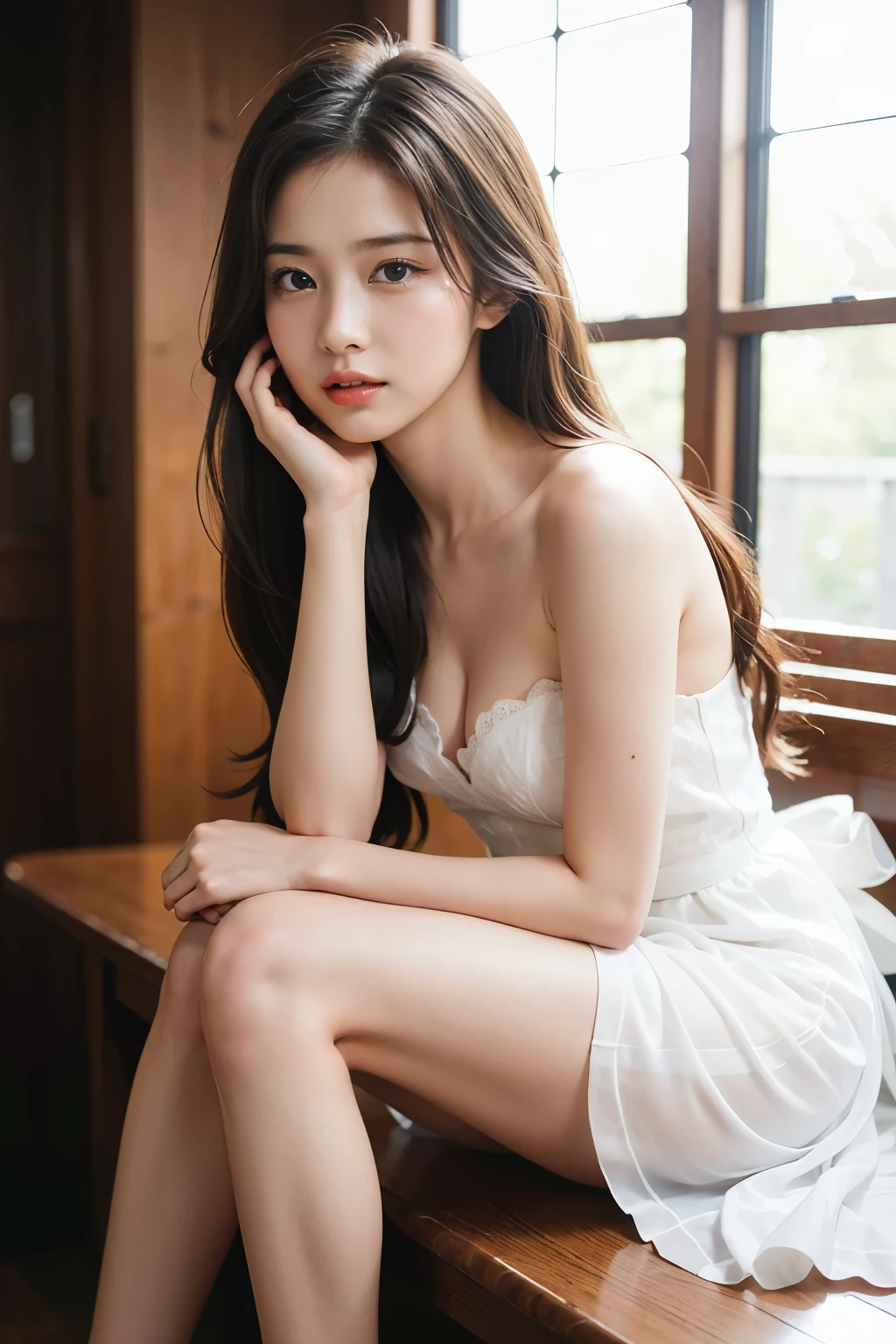 Photograph showing the whole body。She has her legs crossed。(RAW Photos, highest quality), (Realistic, Photorealistic:1.3), Tabletop, Crying face, Very delicate and beautiful, Soft Light, (Brown Hair, Straight shoulder-length hair fluttering in the wind), Beautiful detailed girl, Highly detailed eyes and face, Beautiful and detailed nose, Fine and beautiful eyes, (Crying face:1.3)1 girl,Pure beauty, cute,, (Small breasts:1.2), Realistic face, Realistic body,Full body photo、Wearing a wedding dress。She is in the church。