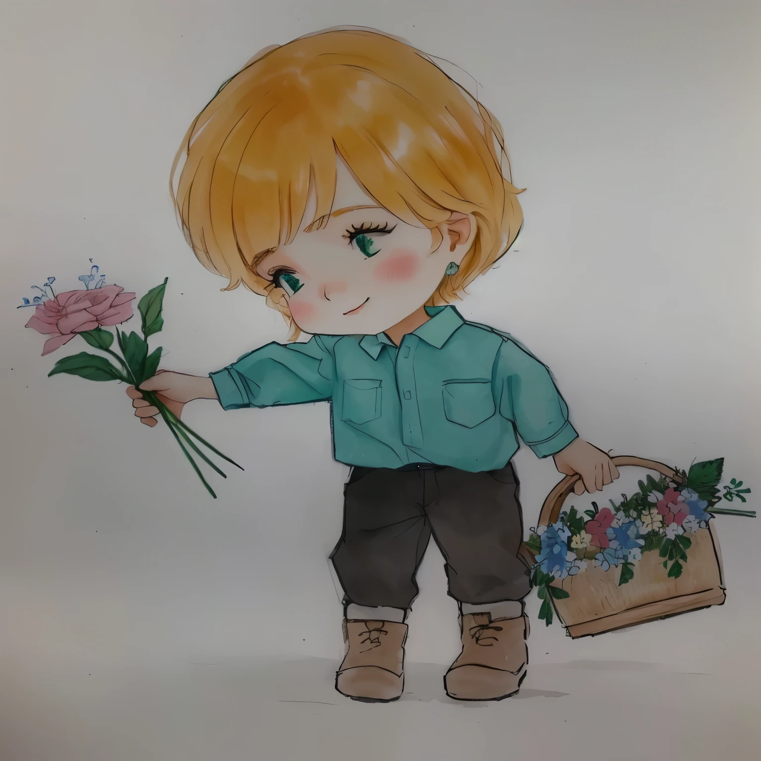 desenho de um menino segurando uma cesta de flores e um vaso de flores, por Ilka Gedő, por Károly Lotz, powder Nándor Katona, segurando flores, com flores, arte tradicional, carregando flores, by Grytė Pintukaitė, por agosto Chernihiv, desenho colorido, desenho colorido