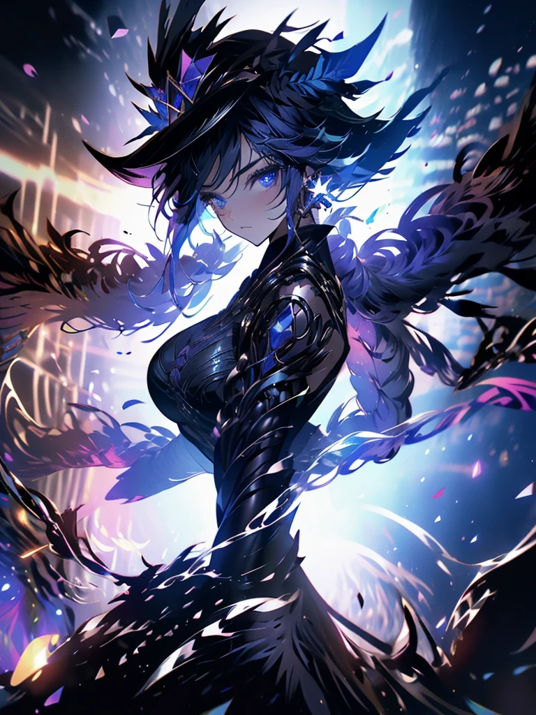 20-year-old girl、wearing a black elegant hat、Rune background、black magician、Wearing a black robe、mesmerize、cute woman、Elegant hairstyle、indigo hair color、Slightly shorter hair、blue eyes、look at the viewer、masterpiece、Best image、