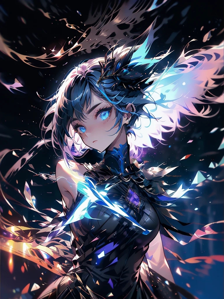 20-year-old girl、wearing a black elegant hat、Rune background、black magician、Wearing a black robe、mesmerize、cute woman、Elegant hairstyle、indigo hair color、Slightly shorter hair、blue eyes、look at the viewer、masterpiece、Best image、