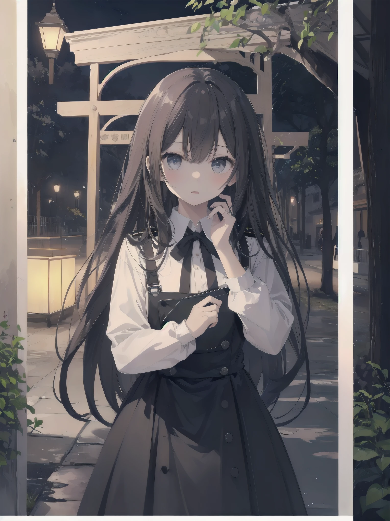 Masterpiece、high quality、high resolution、One girl、solo、uniform, Surprised expression, Standing in the park, At night,Half-body photo, Super detailed, Ultra HD、cute、A shy and shy pose、Capture your subjects at their best with photogravure settings