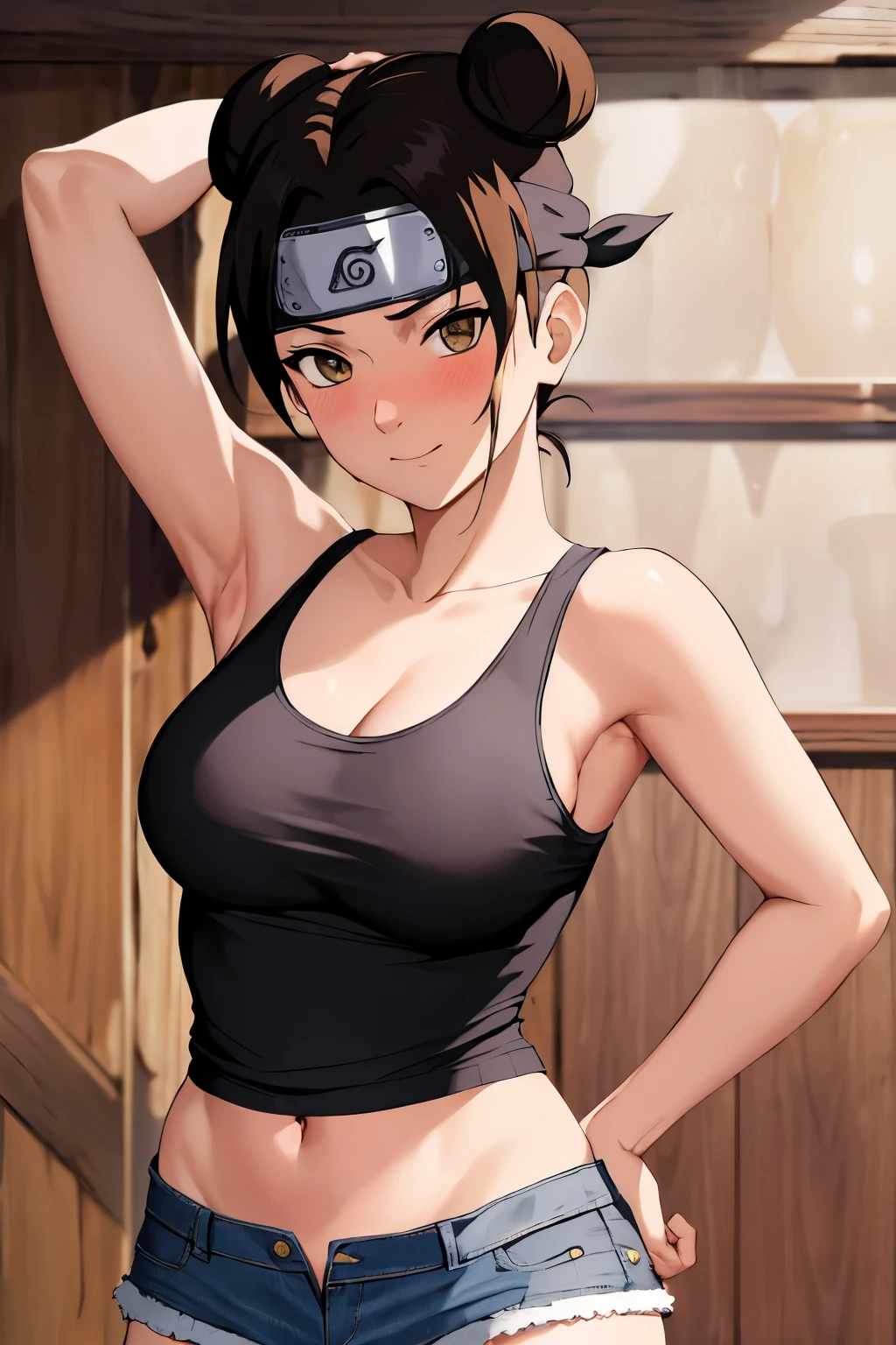 masterpiece, absurdres , (intricate details), (colorful),cinematic lighting,bust shot,extremely detailed CG unity 8k wallpaper,tenten\(shippuden\), 1girl, solo, ((tank top, denim shorts)), (large breasts), hand on hip, forehead protector, konohagakure symbol, headband,  looking at viewer, (village street), charming smile, ((slim waist)), ((blushing)), armpit, full body