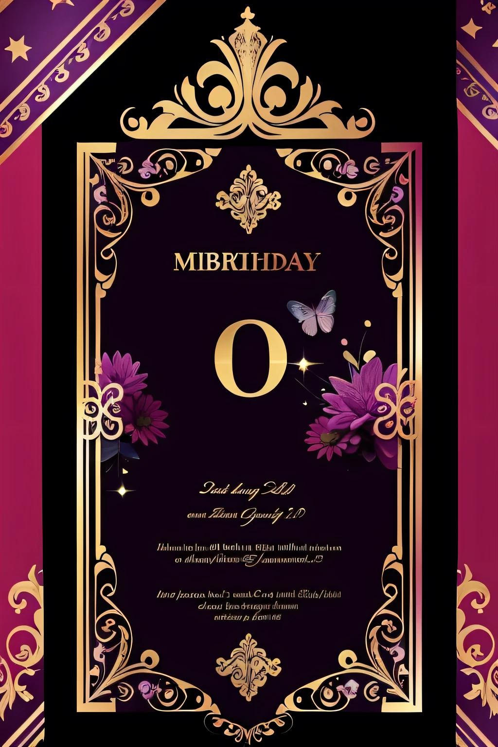 Birthday invitation with purple, dourado e preto com fundo limpo