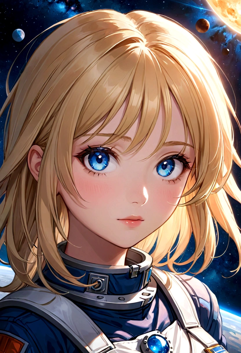 a drawing of a blonde girl with blue eyes, a character portrait by Ambreen Butt, featured on deviantart, space art, anime aesthetic, official art, anime