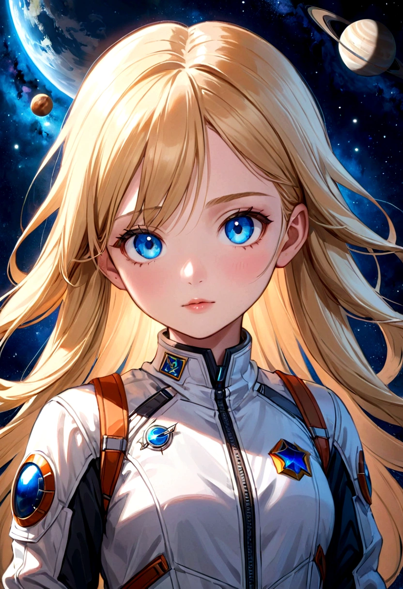 a drawing of a blonde girl with blue eyes, a character portrait by Ambreen Butt, featured on deviantart, space art, anime aesthetic, official art, anime