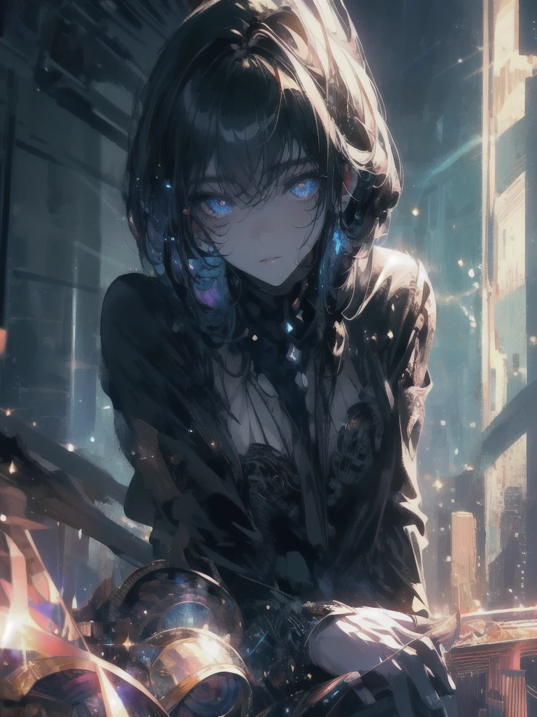 ((masterpiece, highest quality, Super detailed, High resolution)), alone, beautiful girl, shining eyes, perfect eyes, 15 years old, black white gold theme,