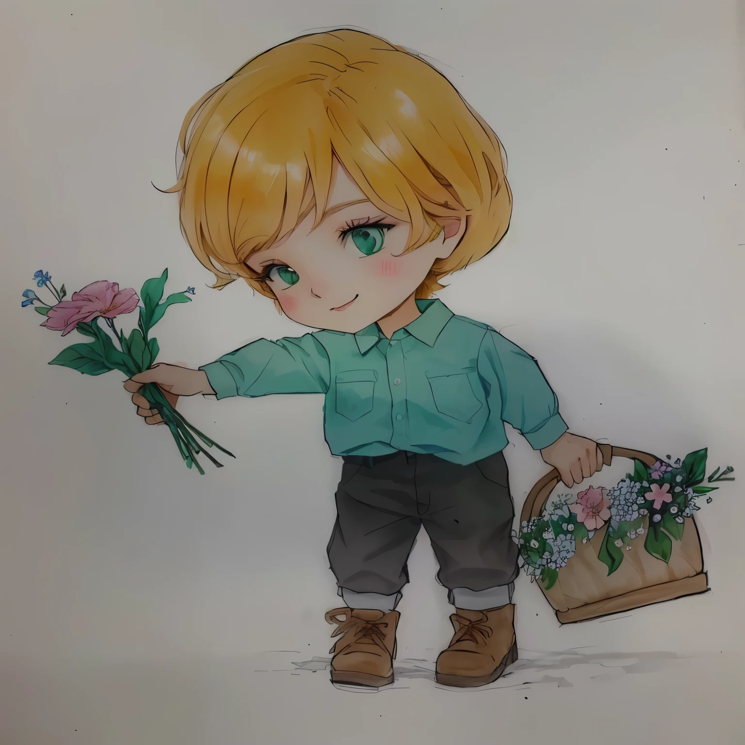 desenho de um  segurando uma cesta de flores e um vaso de flores, por Ilka Gedő, por Károly Lotz, powder Nándor Katona, segurando flores, com flores, arte tradicional, carregando flores, by Grytė Pintukaitė, por agosto Chernihiv, desenho colorido, desenho colorido