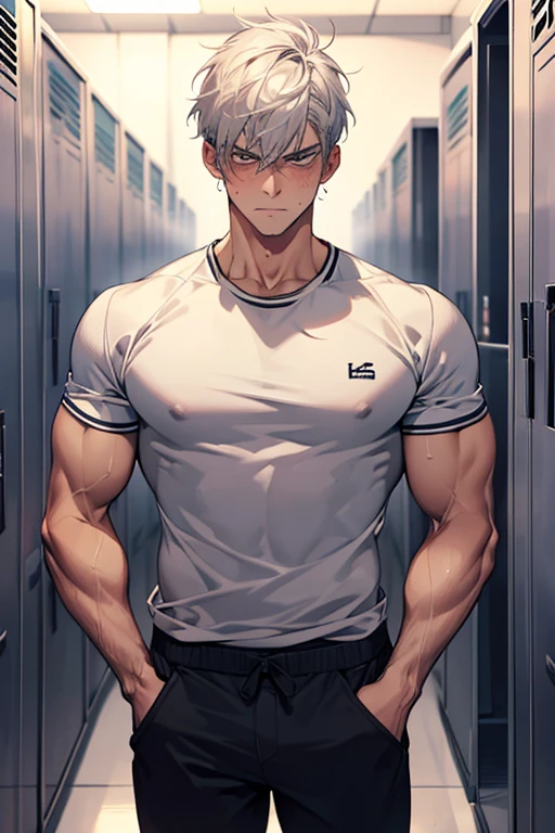 1 man, 35 years old, silver hair, short hair, muscular body, big muscles, big pecs, lockers room background, blushing, looking at the camera, angry, showing teeth, sweating, hot