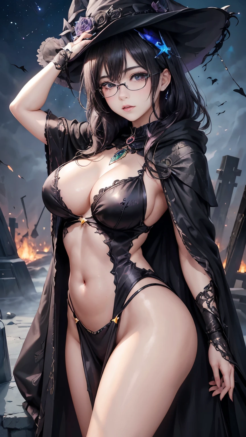 (Fatal Beauty,A charming villain,witch) ,(A supple and powerful physique),(Sensual charm),(Mysterious charm:1.1),(Captivating silhouette),((((Glasses))))、((((big sapphire necklace))))、(highest quality,High resolution:1.2),(dark,Threatening:1.1),((dark horror theme:1.5),(Thriller:1.5)),(Dark fantasy:1.5),  (((Countless stars fly away:1.5),(Absurd:1.5),(wonderful:1.5))),Woman in a dress, (Powerful numbers:1.1),(((Big Breasts))),(((Muscular:1.1))), cute face, Sexy Face, , Very detailedなbeautiful女の子, (Ideal body type:1.8), Very detailed faceexpressive lips, (とてもbeautiful、Crisp big eyes:1.5), Fine skin., All features are shown in detail., The outline of the fingers is beautifully drawn....., The nose is precisely shaped., expressive lips, Perfect Anatomy,cute、Realistic、(Front view:1.4),(Face Focus:1.3), realistic girl rendering, 8k artistic german bokeh, Enchanting girl, Real Girls, Gurwitz, Gurwitz-style artwork, Girl Roleplay, Realistic 3D style, cgstation Popular Topics, 8K Portrait Rendering,(truth，truth：1.4),Sexy Body,( Very lean body:1.6),Sexy pose, blush, Attractive body, Very curly hair, Purple Curly Hair, very big hair, Very curly hair, prime color,Urban,Very detailed,masterpiece,Intricate details,Faded,Very detailed, Eye for details,Intricate details,暗くてSpooky atmosphere,  Spiritual Beings, Unforgettably beautiful, Ghostly figures, Shadow-like shape, Spooky whispers, Ominous Aura, Goth Maiden,  Like dazzling fur in a starless haze,Her Mogul Snaps, Mysterious Cemetery,Black hair swaying in the moonlight, She summons darkness, (beautiful: 1.7), (Black Hat: 1.6), (An intricately decorated jet-black cloak: 1.6), (Delicately decorated cloak, Despite the damage: 1.5), Hypermaximalist,  Breathtaking oil paintings, Surreal, Ultra-realistic digital illustrations that mimic the style of oil paintings, wonderful構成,  (Shining Eyes:1.6)、(Glowing Eyes:1.1),(hellish landscape:1.1),(fire,sulfur:1.1),(Threatening atmosphere:1.1),(dark shadows,Threatening presence:1.1),(Unlucky Clouds,Stormy Skies:1.1),(dark,Spooky atmosphere:1.1),(Aura of misfortune,Evil energy:1.1),(dark aura,cigarette:1.1),(Extreme heat,Burning Flames:1.1),(Nightmare Visions:1.1),(Predicting the end:1.1),(Whispers of misfortune,Devilish Laugh:1.1),(Cry of pain,echoing screams:1.1),(Bad luck symbol,Ancient runes:1.1),(Mysterious Relic,dark art ifacts:1.1),(Infernal Ritual,Ritual sacrifice:1.1),(Eternal Ruin,A hopeless existence:1.1),  Inspired by abandoned mech backgrounds. Art created by Craig Mullins, Necrostyle., Detailed Description, Futuristic sci-fi scene. Focus on SFCon