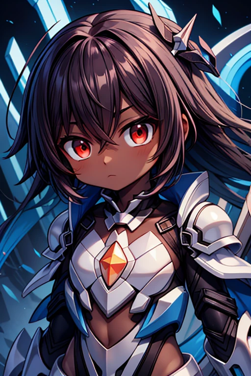 (((dark skin tone))),dark skin male, femboy, dark skin, cute shota,red eyes, blue mecha hairpin, dark brown hair medium hair,wearing a black exoskeleton, detached sleeves, blue mecha Gauntlets, black full bodysuit, honkai impact herrscher of reason,full armour mecha_musame,Elsword, orange gem on chest, close up