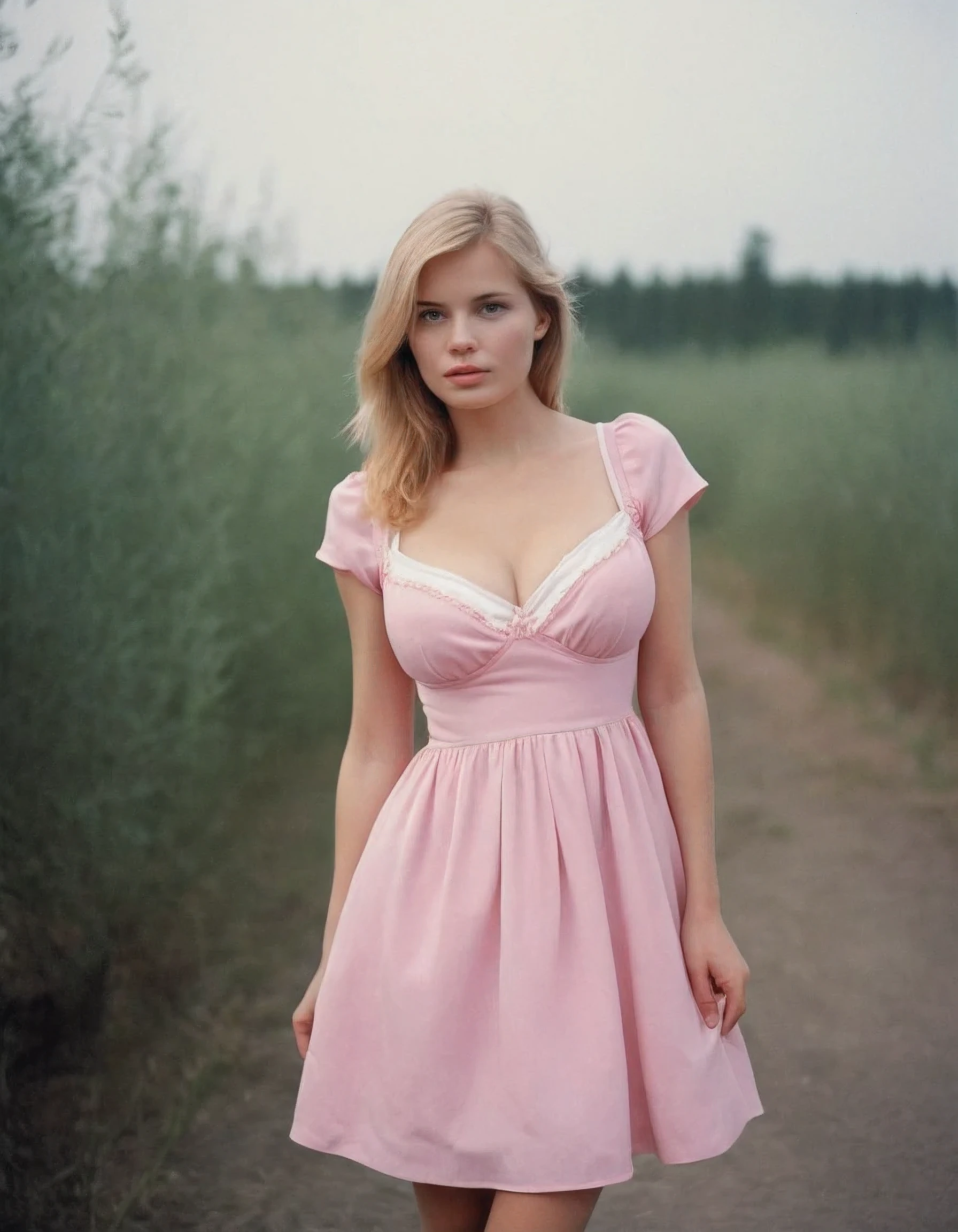 Elegant minimalistic photography, 1990s, beautiful finnish wearing a pink doll dress, big breast, rating_save , outdoor