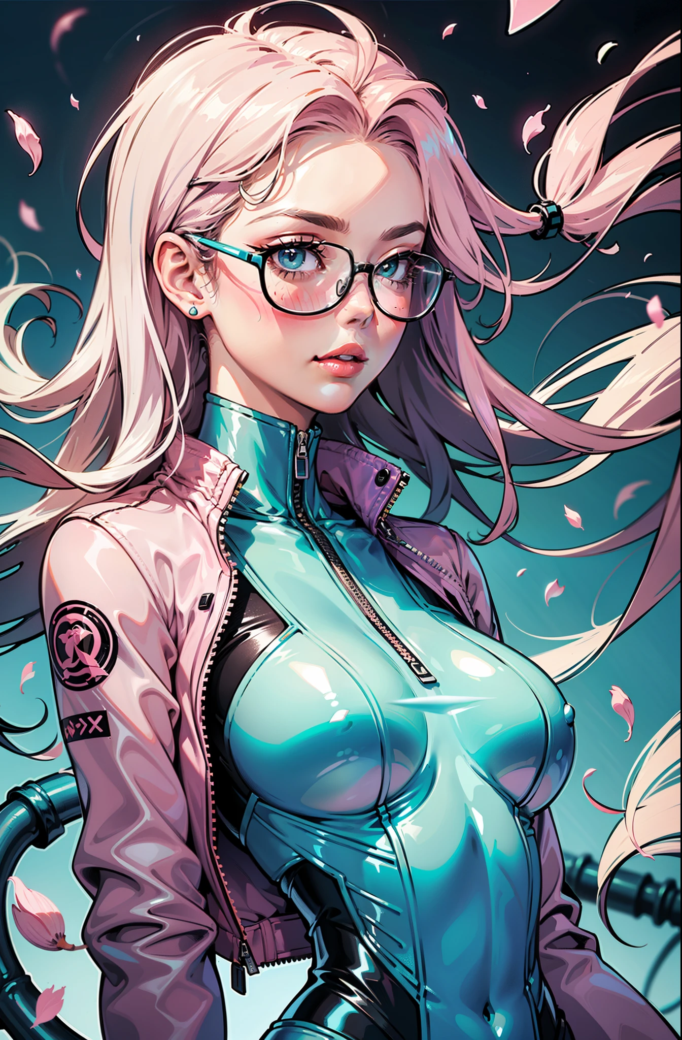 cyberpunk female woman wearing (Rose Quartz Pink Denim Jacket with chromatic accents:1.1), sleek full bodysuit, wearing sharp retro glasses, (Petal Blush,Lagoon Blue color background:1.3), art style of Patrick Nagel