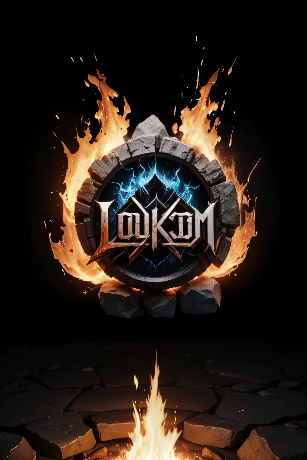 I want a logo for a rock and metal band called Loud Scorn, with dark reddish and blue fire-style tones, with Viking-style typography, that the letters are burning in fire but that they look clear and the name Loud Scorn marked, with a black background