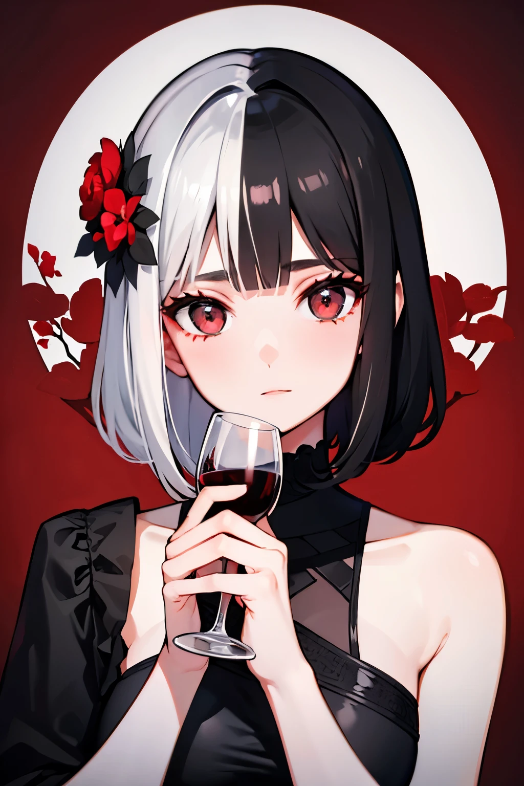 beatiful girl with gray eyes with split hairstyle black-silver hair and holding a glass of wine in one hand, red flowers background
