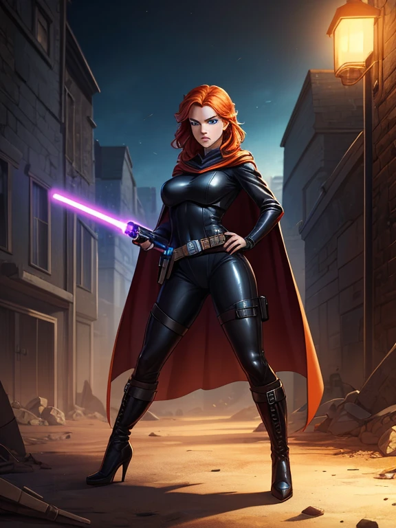 (best quality,8k:1.2,high resolution:1.2),ultra-detailed,Realistic,vintage science fiction, extremely detailed face,long eyelashes, a full body shot of a woman (Mara Jade), long orange hair, bright blue eyes, a determined look and stoic gaze. She's wearing a tight black leather suit,  tan cape, fingerless gloves, silver utility belt and high-heel boots. She's holding a purple lightsaber. Defending a barracks on a battlefield. professional,vivid colors,Physically-based rendering,sharp focus,studio lighting,conceptual artists
