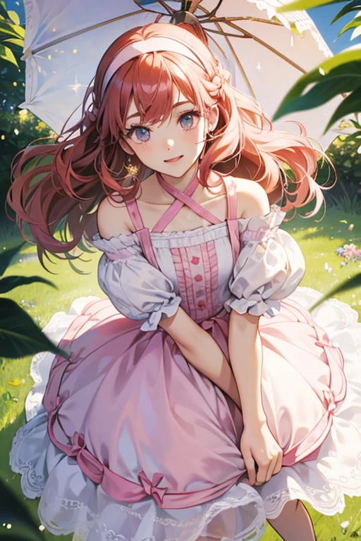 Rorimamatchi is a teenage girl with auburn hair that reaches her shoulders. She wears a white hairband on the top of her head and a pink and white dress. She is holding a light pink bag over her left arm and a beige coloured parasol in her right hand. She is wearing pink sandals. It is revealed in her close up that the hair at the sides of her hair are actually curls. SPARKLE; GLITTER